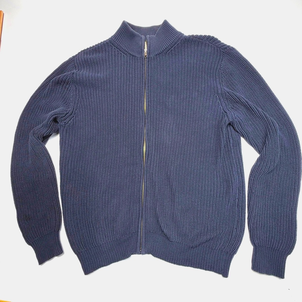 L.L.Bean Full Zip Cotton Sweater Jacket Mens Large‎ Navy Chunky Knit 0 FHT4